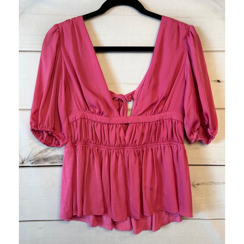 Dolan Left Coast Collection Pink Puff Sleeve Peplum Cutout Tie Back Top XS